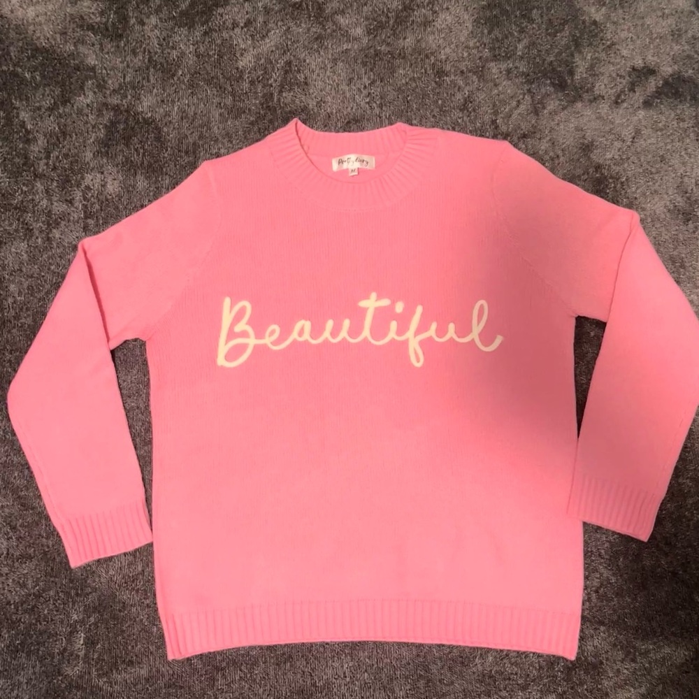 NEW Pink ‘Beautiful’ Embroidered Sweater- Size Women’s Medium